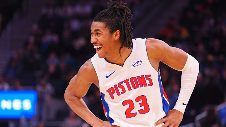 Jan 4, 2023; San Francisco, California, USA; Detroit Pistons shooting guard Jaden Ivey (23) : Kelley L Cox-Imagn Images