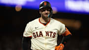 San Francisco Giants second baseman Casey Schmitt (10) reacts to striking out against the St. Louis Cardinals during the eighth inning at Oracle Park.
