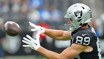 Jan 5, 2025; Paradise, Nevada, USA; Las Vegas Raiders tight end Brock Bowers (89) warms up before a game against the Los Angeles Chargers at Allegiant Stadium. Mandatory Credit: Stephen R. Sylvanie-Imagn Images