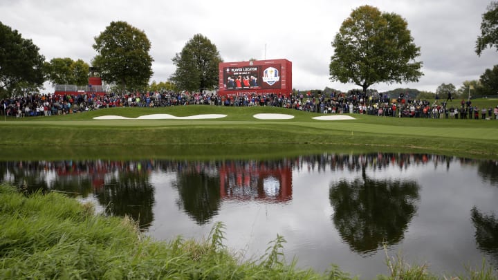 A general view of the 17th hole during the practice round for the 2016 Ryder Cup at Hazeltine National Golf Club.