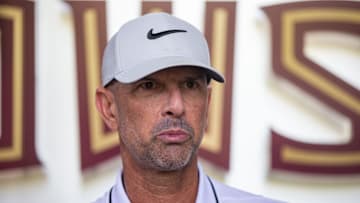 Florida State baseball coach Link Jarrett talks to the media before he and the team leaves to play in the College World Series in Omaha, Nebraska, Wednesday, June 12, 2024.