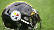Nov 13, 2022; Pittsburgh, Pennsylvania, USA;  A Pittsburgh Steelers helmet on the field before the game against the New Orleans Saints at Acrisure Stadium. Mandatory Credit: Charles LeClaire-USA TODAY Sports