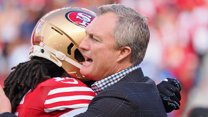 Jan 28, 2024; Santa Clara, California, USA; San Francisco 49ers general manager John Lynch hugs a