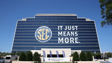 The Southeastern Conference logo is shown on the Hyatt Regency Birmingham-The Winfrey Hotel during SEC media days.  Mandatory Credit: Jason Getz-USA TODAY Sports