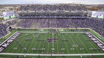 Nov 11, 2023; Manhattan, Kansas, USA; The Kansas State Wildcats Pride of Wildcat Land Matching Band spells out K-State before the start of a game against the Baylor Bears at Bill Snyder Family Football Stadium. Mandatory Credit: Scott Sewell-USA TODAY Sports