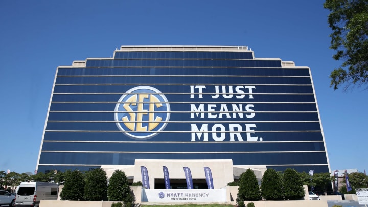 The Southeastern Conference logo is shown on the Hyatt Regency Birmingham-The Winfrey Hotel during SEC media days.  Mandatory Credit: Jason Getz-USA TODAY Sports