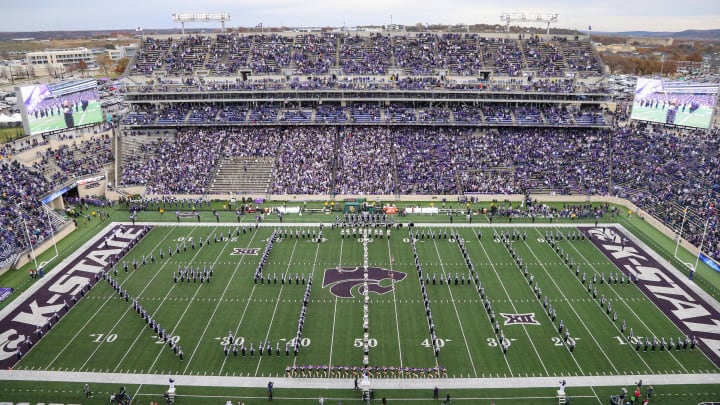 Nov 11, 2023; Manhattan, Kansas, USA; The Kansas State Wildcats Pride of Wildcat Land Matching Band spells out K-State before the start of a game against the Baylor Bears at Bill Snyder Family Football Stadium. Mandatory Credit: Scott Sewell-USA TODAY Sports