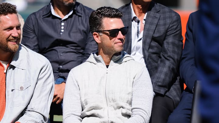 Aug 27, 2023; San Francisco, California, USA; Former San Francisco Giants players Hunter Pence and Buster Posey during a Wall of Fame induction ceremony before the game against the Atlanta Braves at Oracle Park. Mandatory Credit: Kelley L Cox-Imagn Images