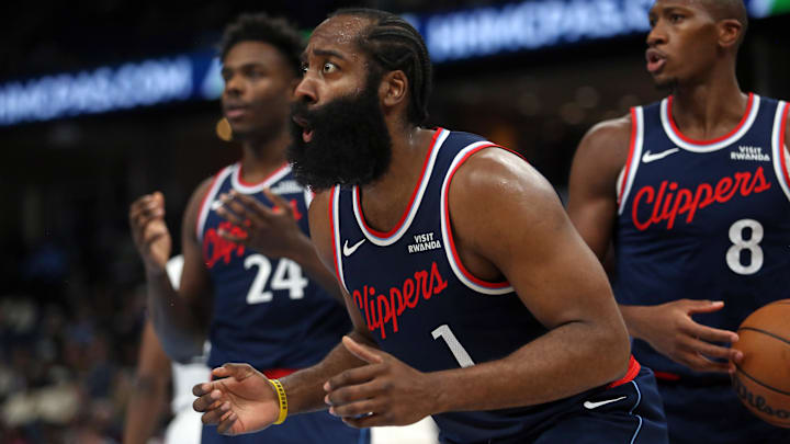 Dec 5, 2025; Memphis, Tennessee, USA; Los Angeles Clippers guard James Harden (1) reacts during the second quarter against the Memphis Grizzlies at FedExForum. Mandatory Credit: Petre Thomas-Imagn Images