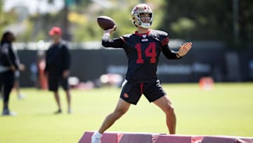 Jun 11, 2025; Santa Clara, CA, USA; San Francisco 49ers quarterback Tanner Mordecai (14) throws a pass during a team OTA at Levi's Stadium.