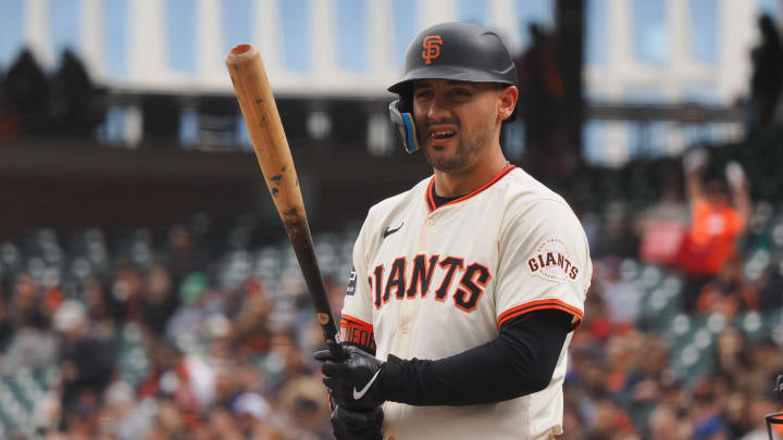 Apr 24, 2024; San Francisco, California, USA; San Francisco Giants left fielder Michael Conforto (8) at bat against the New York Mets during the first inning at Oracle Park.