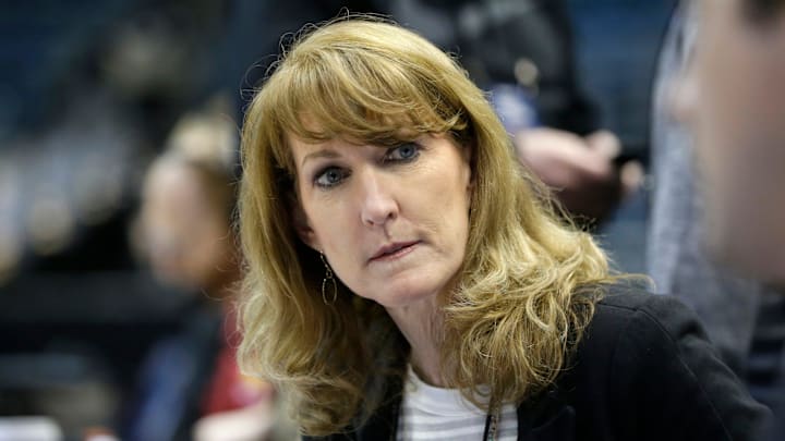 CBS commentator Debbie Antonelli sits on the sidelines during the 2017 NCAA men's tournament. CBS commentator Debbie Antonelli sits on the sidelines during the 2017 NCAA men's tournament.