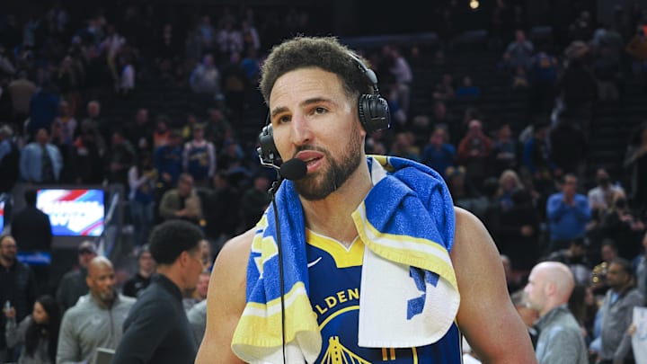 Feb 24, 2023; San Francisco, California, USA; Golden State Warriors guard Klay Thompson (11) during a post game interview after the game against the Houston Rockets at Chase Center. Mandatory Credit: Kelley L Cox-Imagn Images