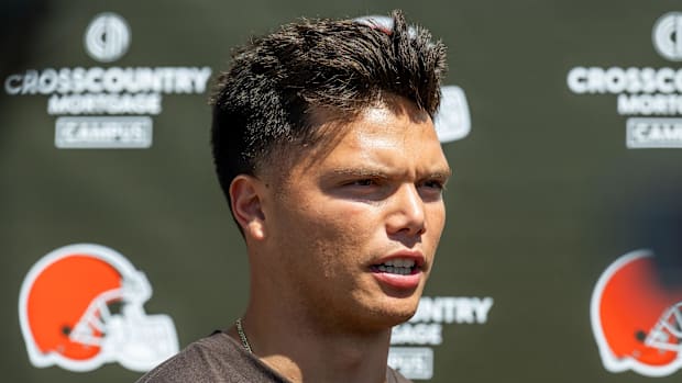  Berea, OH, USA; Cleveland Browns quarterback Dillon Gabriel (5) talks to the media during rookie minicamp at CrossCountry Mo