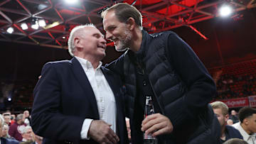 Bayern Munich honorary president Uli Hoeness greeting Thomas Tuchel at a club event last season.