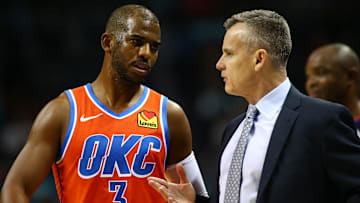 Dec 27, 2019; Charlotte, North Carolina, USA; Oklahoma City Thunder guard Chris Paul (3) talks with head coach Billy Donovan during the first half at Spectrum Center. Mandatory Credit: Jeremy Brevard-Imagn Images