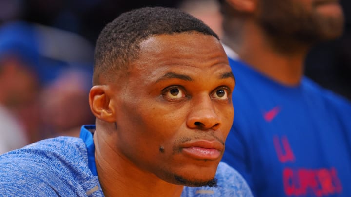 Nov 30, 2023; San Francisco, California, USA;  Los Angeles Clippers guard Russell Westbrook (0) sits on the bench before the game against the Golden State Warriors at Chase Center. Mandatory Credit: Kelley L Cox-USA TODAY Sports