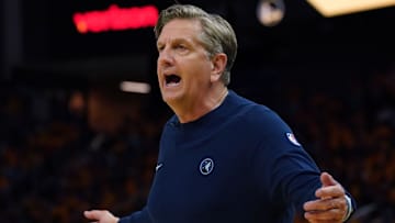 May 10, 2025; San Francisco, California, USA; Minnesota Timberwolves head coach Chris Finch yells at the referee in the fourth quarter against the Golden State Warriors during game three in the second round for the 2025 NBA Playoffs at Chase Center. Mandatory Credit: David Gonzales-Imagn Images