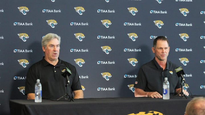 Jaguars head coach Doug Pederson (right) and general manager Trent Baalke (left) talks to media