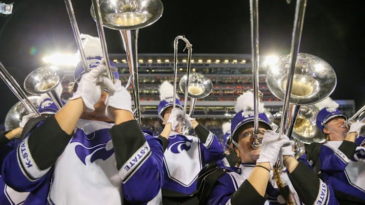Nov 23, 2024; Manhattan, Kansas, USA; Members of the Pride of Wildcat Land Marching Band perform before a game between the Cincinnati Bearcats and Kansas State Wildcats at Bill Snyder Family Football Stadium. Mandatory Credit: Scott Sewell-Imagn Images