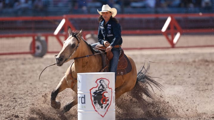 Lisa Lockhart competing at the Cheyenne Frontier Days rodeo.