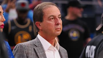 Nov 12, 2023; San Francisco, California, USA; Golden State Warriors majority owner Joe Lacob on the sideline after a loss against the Minnesota Timberwolves at Chase Center. Mandatory Credit: Kelley L Cox-Imagn Images