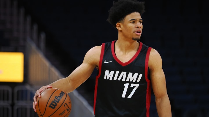 Jul 10, 2024; San Francisco, CA, USA; Miami Heat guard Zyon Pullin (17) controls the ball against the Los Angeles Lakers during the first quarter at Chase Center. Mandatory Credit: Kelley L Cox-USA TODAY Sports