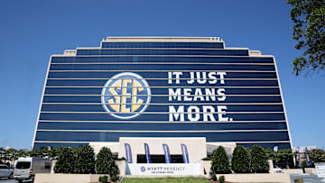 Jul 10, 2017; Hoover, AL, USA; The Southeastern Conference logo is shown on the Hyatt Regency