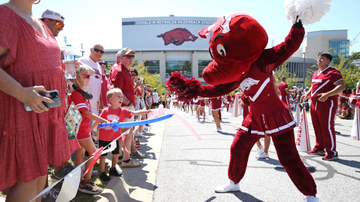 Arkansas Razorbacks mascot entertains fans during the  Hog Walk  prior to the game against the Kent State Golden Flashes at Donald W. Reynolds Razorback Stadium.