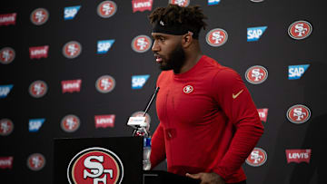 Jun 11, 2025; Santa Clara, CA, USA; San Francisco 49ers defensive end Bryce Huff (47) speaks to the media following a team OTA at Levi's Stadium.