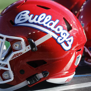 Nov 18, 2017; Laramie, WY, USA; A general view of the  Fresno State Bulldogs helmet against the Wyoming Cowboys during the second quarter at War Memorial Stadium. Mandatory Credit: Troy Babbitt-USA TODAY Sports