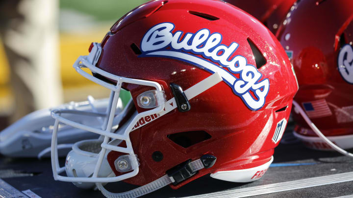 Nov 18, 2017; Laramie, WY, USA; A general view of the  Fresno State Bulldogs helmet against the Wyoming Cowboys during the second quarter at War Memorial Stadium. Mandatory Credit: Troy Babbitt-USA TODAY Sports