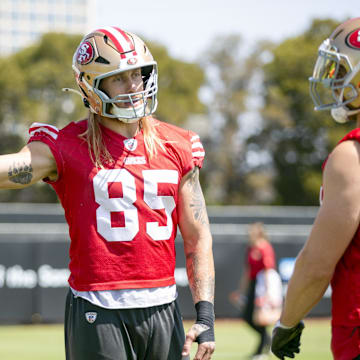 Jun 11, 2025; Santa Clara, CA, USA; San Francisco 49ers tight end George Kittle (85) jokes with fullback Kyle Juszczyk (44) during a team OTA at Levi's Stadium. Mandatory Credit: D. Ross Cameron-Imagn Images