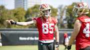 Jun 11, 2025; Santa Clara, CA, USA; San Francisco 49ers tight end George Kittle (85) jokes with fullback Kyle Juszczyk (44) during a team OTA at Levi's Stadium. Mandatory Credit: D. Ross Cameron-Imagn Images