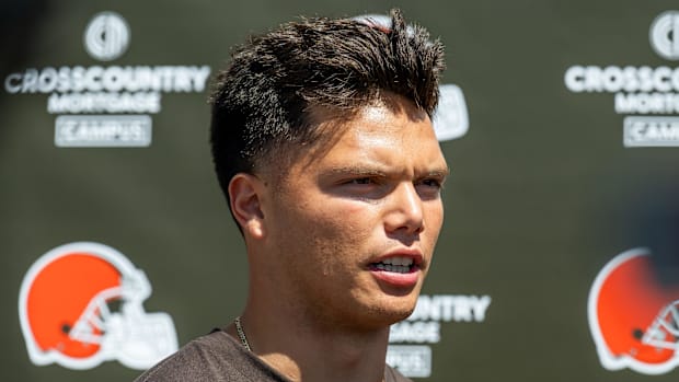 Cleveland Browns quarterback Dillon Gabriel (5) talks to the media during rookie minicamp at CrossCountry Mortgage Campus