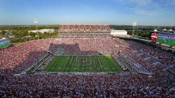 An aerial view of Gaylord Family-Oklahoma Memorial Stadium, home of the Oklahoma Sooners football program. OU will celebrate the 100-year anniversary of the stadium during the 2024 season.