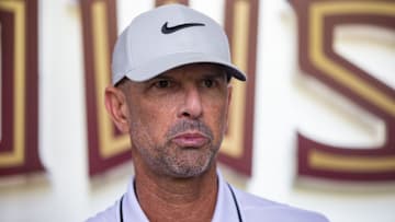 Florida State baseball coach Link Jarrett talks to the media before he and the team leaves to play in the College World Series in Omaha, Nebraska, Wednesday, June 12, 2024.