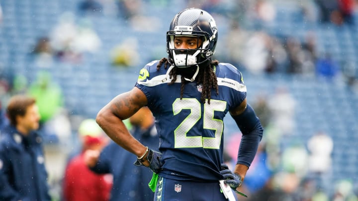 Nov 5, 2017; Seattle, WA, USA; Seattle Seahawks cornerback Richard Sherman (25) participates in pregame warmups against the Washington Redskins at CenturyLink Field. Mandatory Credit: Joe Nicholson-USA TODAY Sports