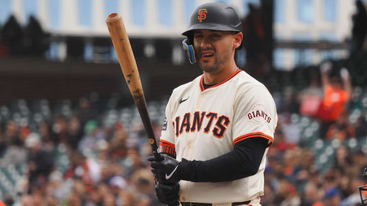 Apr 24, 2024; San Francisco, California, USA; San Francisco Giants left fielder Michael Conforto (8) at bat against the New York Mets during the first inning at Oracle Park