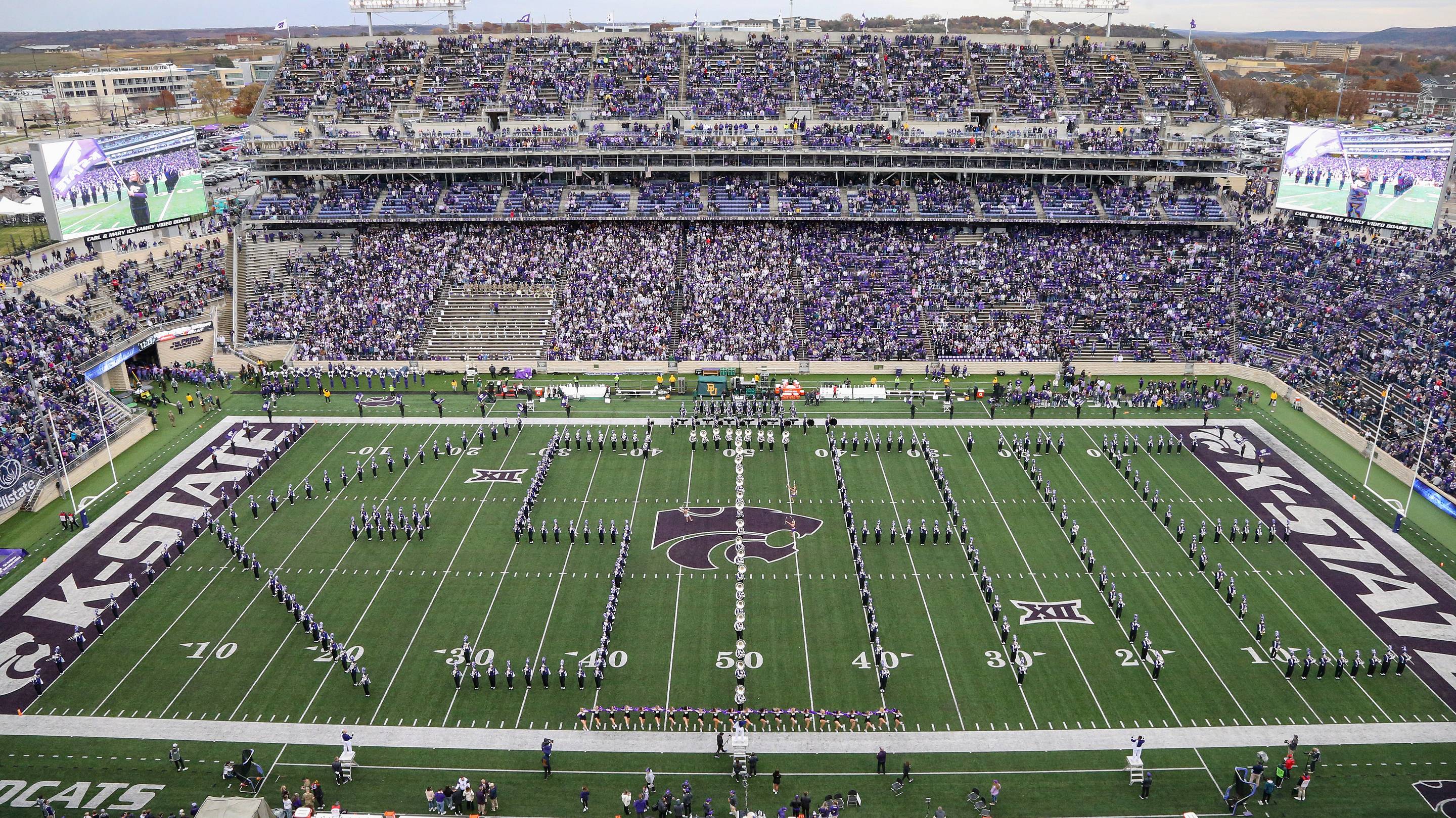 Nov 11, 2023; Manhattan, Kansas, USA; The Kansas State Wildcats Pride of Wildcat Land Matching Band spells out K-State before the start of a game against the Baylor Bears at Bill Snyder Family Football Stadium. Mandatory Credit: Scott Sewell-USA TODAY Sports | USA TODAY Sports via Reuters Connect