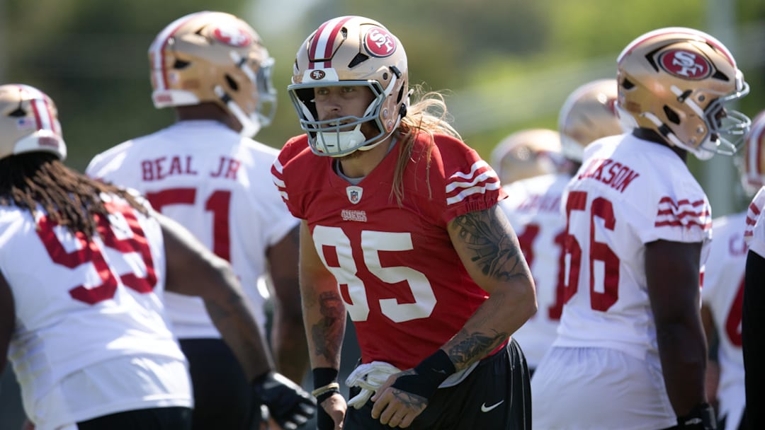 Jun 10, 2025; Santa Clara, CA, USA; San Francisco 49ers tight end George Kittle (85) works out with his teammates during an OTA at Levi's Stadium. Mandatory Credit: D. Ross Cameron-Imagn Images