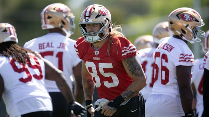 Jun 10, 2025; Santa Clara, CA, USA; San Francisco 49ers tight end George Kittle (85) works out with his teammates during an OTA at Levi's Stadium. Mandatory Credit: D. Ross Cameron-Imagn Images