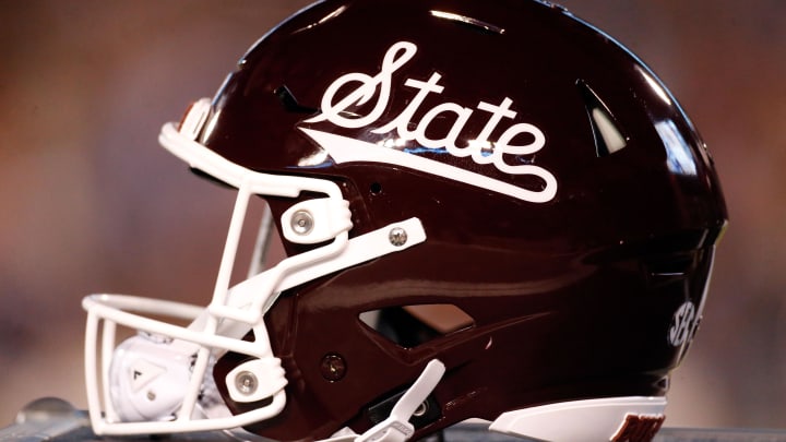 Nov 23, 2023; Starkville, Mississippi, USA; A Mississippi State Bulldogs helmet sits on the sidelines during the first half against the Mississippi Rebels at Davis Wade Stadium at Scott Field. Mandatory Credit: Petre Thomas-USA TODAY Sports