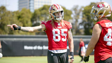 Jun 11, 2025; Santa Clara, CA, USA; San Francisco 49ers tight end George Kittle (85) jokes with fullback Kyle Juszczyk (44) during a team OTA at Levi's Stadium. Mandatory Credit: D. Ross Cameron-Imagn Images