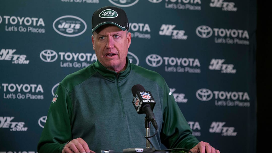 Dec 7, 2014; Minneapolis, MN, USA; New York Jets head coach Rex Ryan talks with the media after the game with the Minnesota Vikings at TCF Bank Stadium. The Vikings win 30-24.