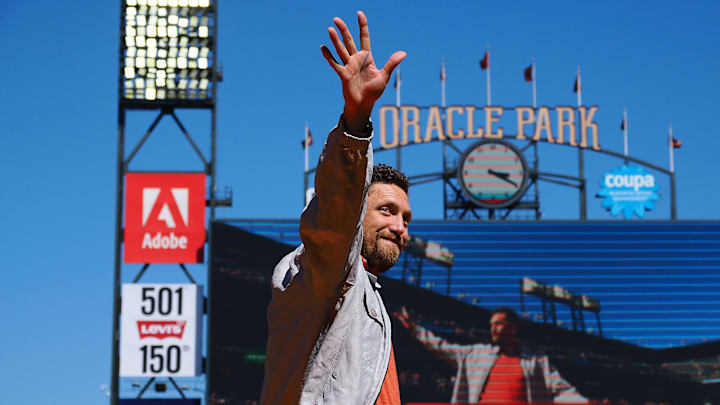 Aug 27, 2023; San Francisco, California, USA; Former San Francisco Giants player Hunter Pence is introduced during a Wall of Fame induction ceremony before the game against the Atlanta Braves at Oracle Park. 