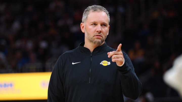 Jul 7, 2024; San Francisco, CA, USA; Los Angeles Lakers summer league head coach Dane Johnson on the sideline during the first quarter against the Golden State Warriors at Chase Center. Mandatory Credit: Kelley L Cox-USA TODAY Sports