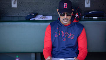 Jun 21, 2025; San Francisco, California, USA; Boston Red Sox manager Alex Cora sits in the dugout before his team takes on the San Francisco Giants at Oracle Park. Mandatory Credit: D. Ross Cameron-Imagn Images