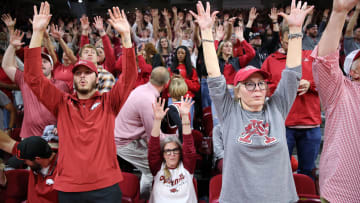 Oct 28, 2023; Fayetteville, AR, USA; Arkansas Razorbacks fans cheer during a game against the Purdue Boilermakers at Bud Walton Arena. Arkansas won 81-77. Mandatory Credit: Nelson Chenault-USA TODAY Sports