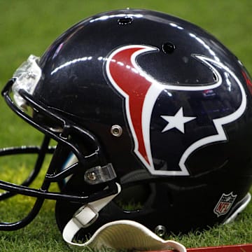 Aug 30, 2012; Houston, TX, USA; Houston Texans helmet on the sidelines against the Minnesota Vikings in the fourth quarter at Reliant Stadium. The Texans defeated the Vikings 28-24. Mandatory Credit: Brett Davis-Imagn Images